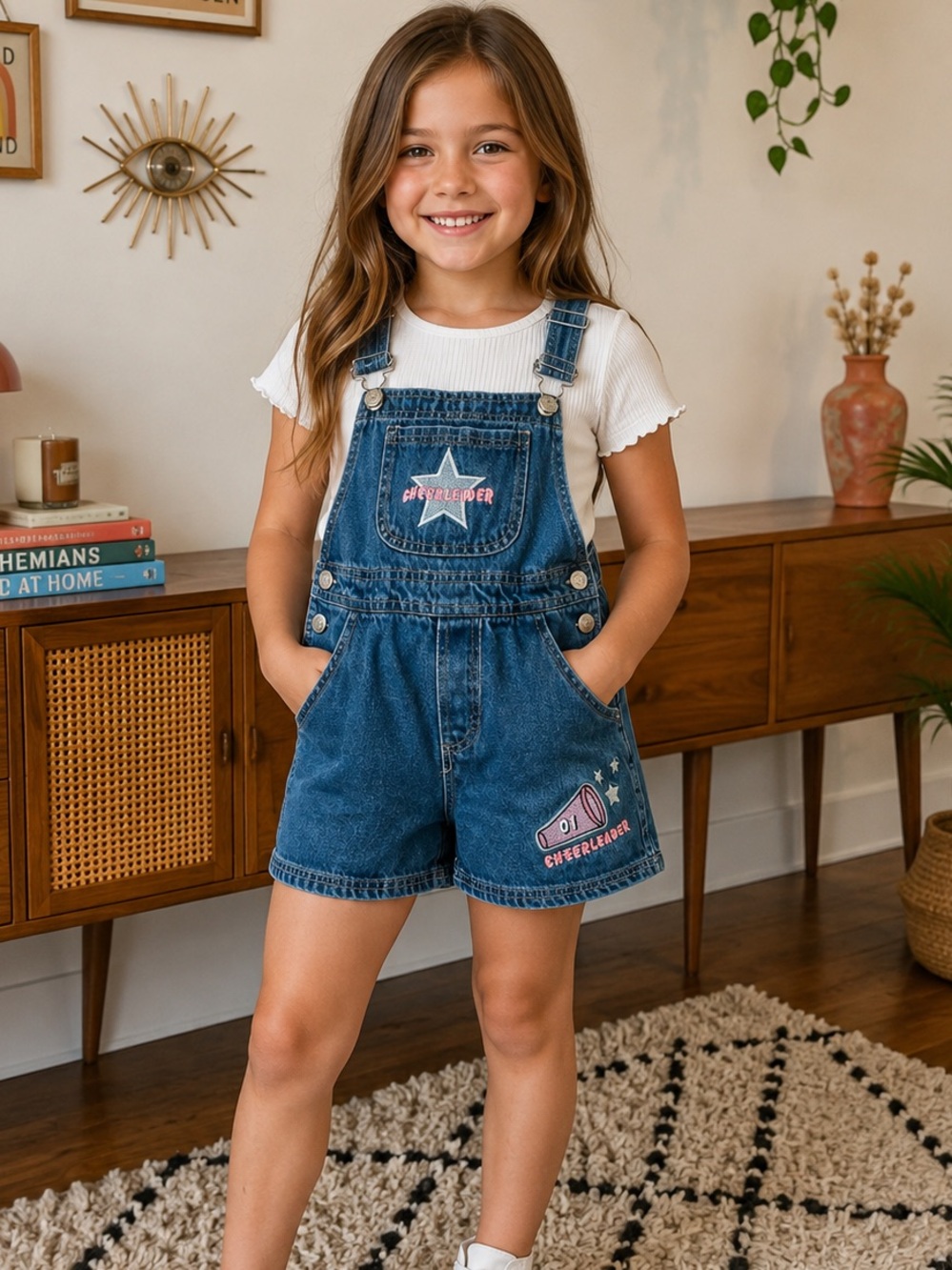 Vintage starter girls denim overall shorts pink cheerleader size 6
